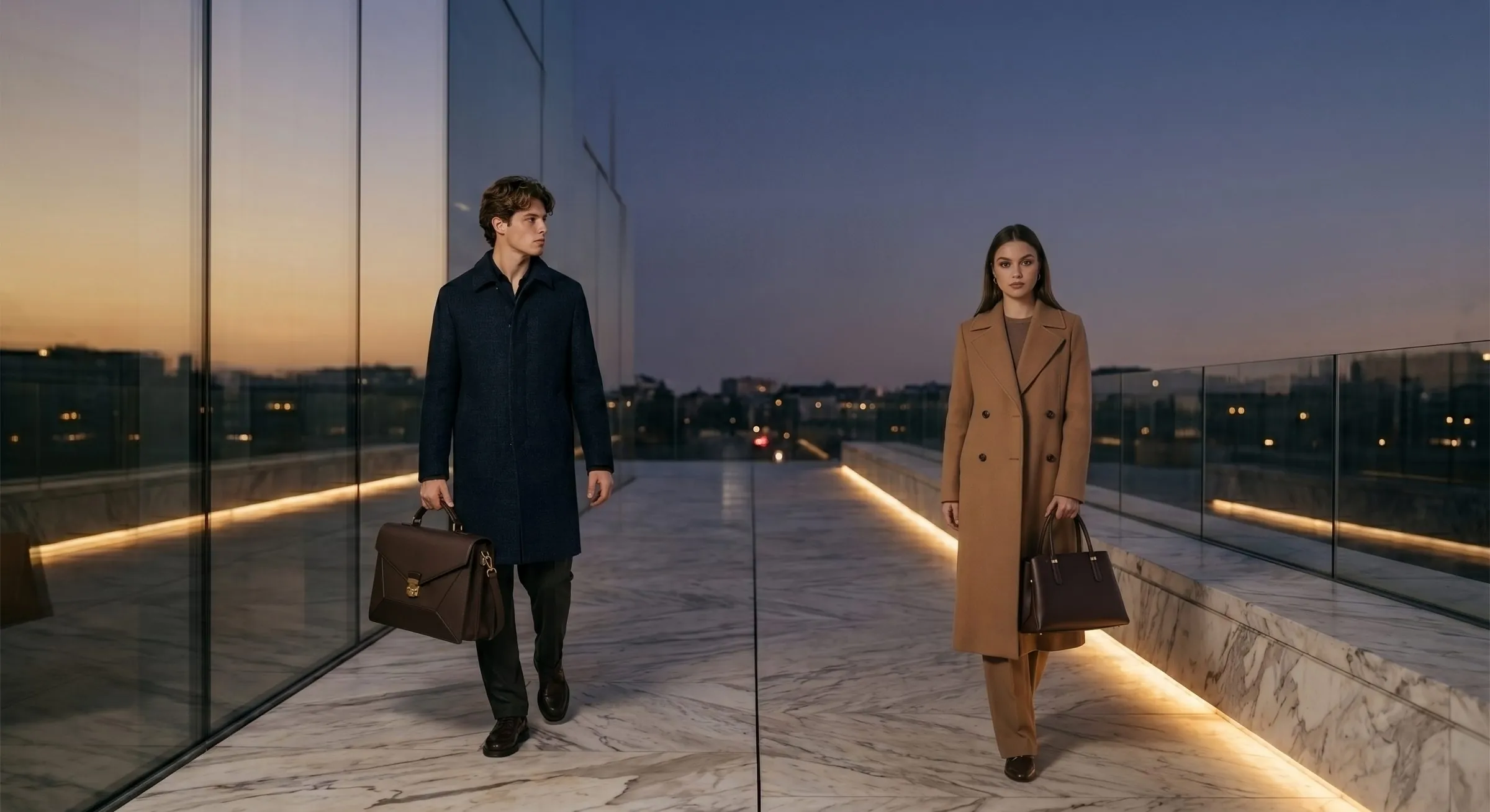Um homem de sobretudo azul-marinho levando Le Diplomate em um terraço de mármore ao entardecer