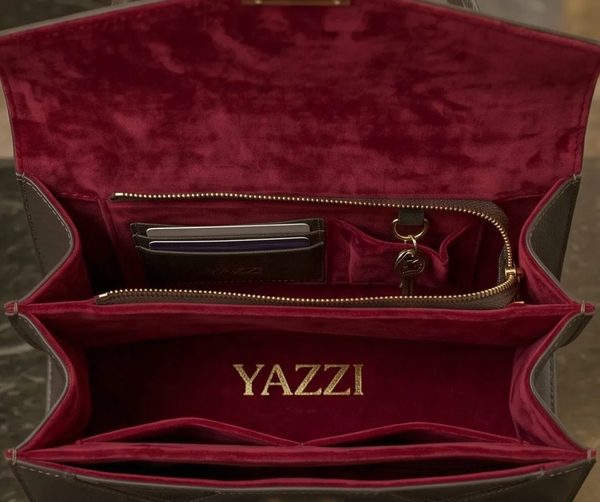 Forro de veludo vermelho com gravação YAZZI dourada, bolso com zíper e porta-cartões