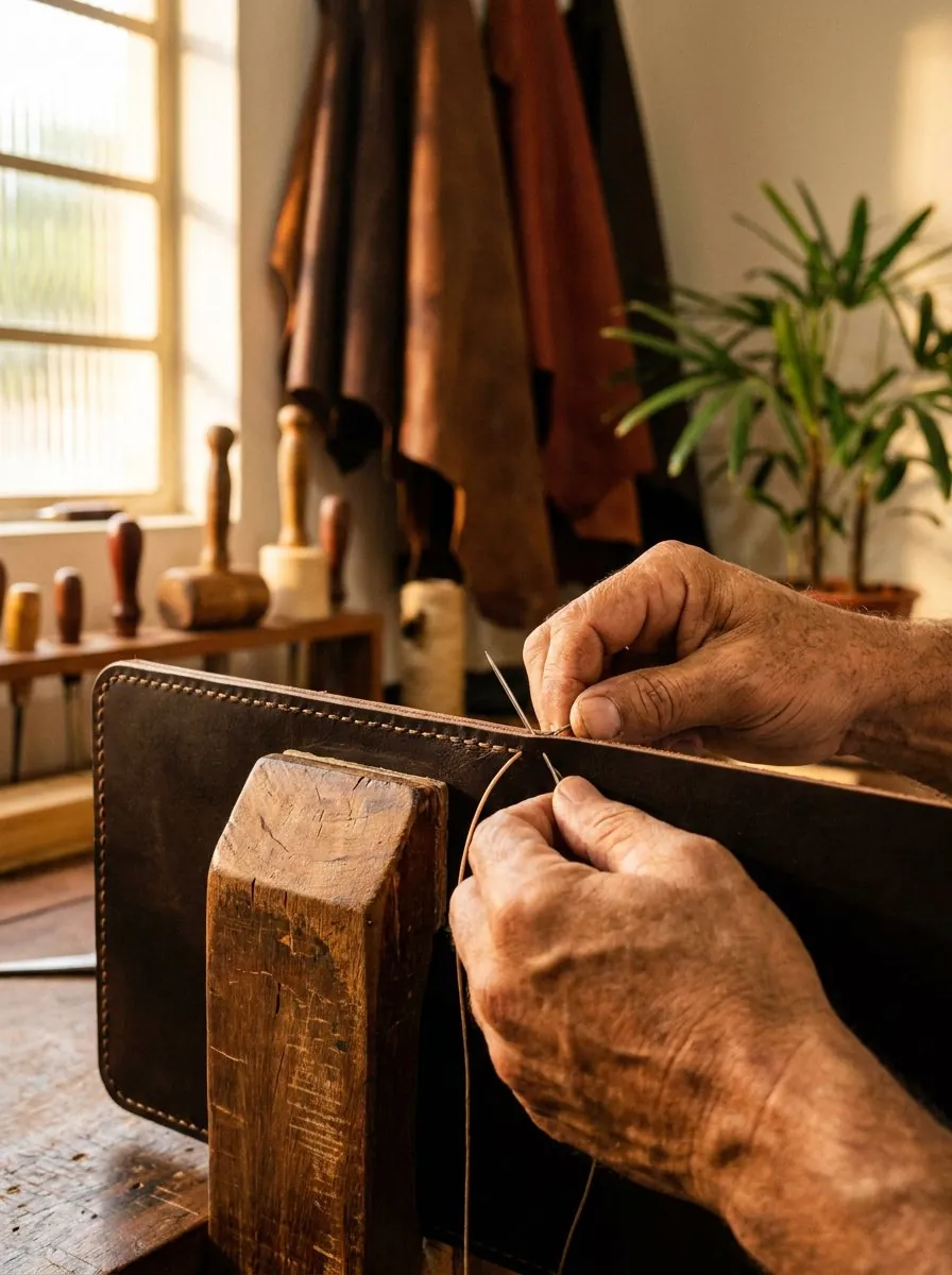 Um artesão costurando couro à mão