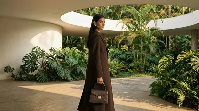 Uma mulher levando a Zeta por um pavilhão modernista de concreto aberto para um jardim tropical